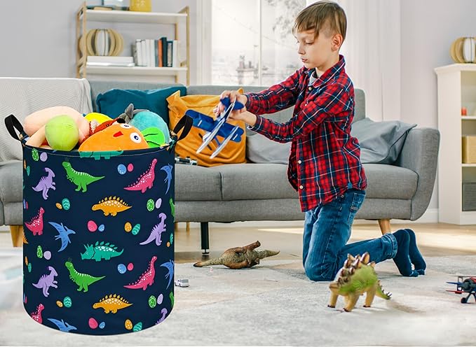 Collapsible Kids Laundry Basket Clothes Hamper, Foldable Storage Organizer Bin, Toy Clothes Storage with Handles for Boys Girls Bedroom, Room Decor Dinosaur
