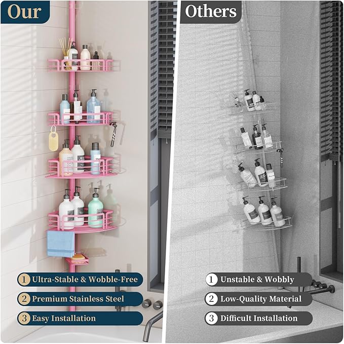 Consumest Corner Shower Caddy Tension Pole - Rustproof Shower Shelves with Towel Bar & Soap Holder, Adjustable Bath Organizer for Bathroom Storage, 27.6-108.3 inch, Pink