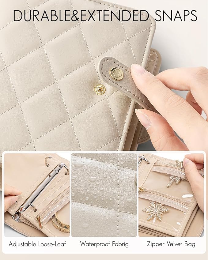 VLANDO Mini Travel Jewelry Organizer Case,Portable Jewelry Organizers Storage Book with Clear Zipper Velvet Jewelry Pouch Bag for Travel Essentials,Ring,Earring-Cream White