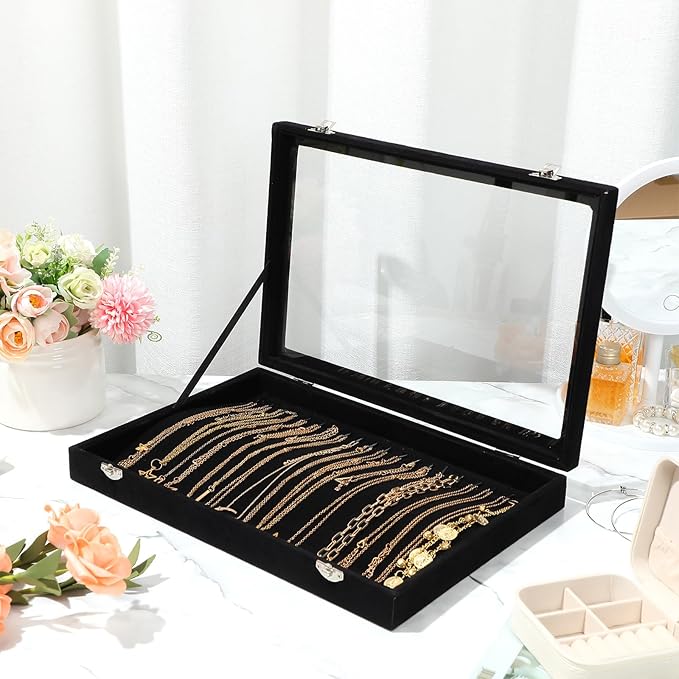 Yinkin 2 Pcs 100 Slots Ring Organizer Box with Transparent Glass Lid Necklace Display Tray Ring Case Velvet Jewelry Holder (Black)