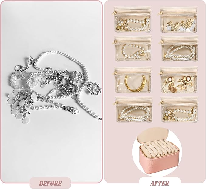 Travel Jewelry Case, Portable Jewelry Box with 6 Jewelry Bags,Travel Gift for Women Teen Girls (Pink 8 Pcs)
