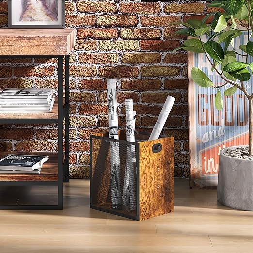Huxitocan Retro Office Trash Can, Iron and Wood Combination Bedroom Garbage Can, Rectangular Design Wastebasket with Handle, Industrial Style Trash Can for Home Office, 4.5 Gallon (Patent Pending)