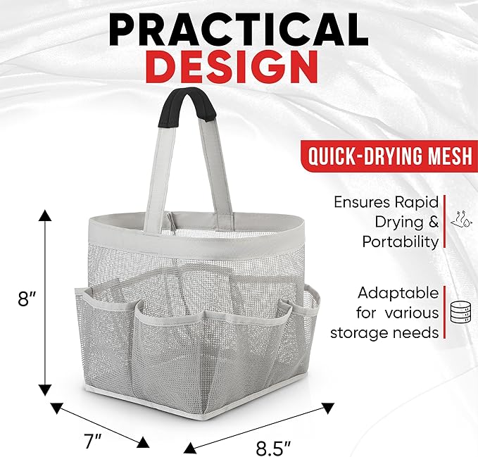 Masirs Mesh Shower Caddy – 9 Pocket Portable Shower Caddy Organizer for College Dorm, Travel, Gym, Bathroom – Quick Dry, Lightweight Tote Bag for Toiletries & Essentials, Gray
