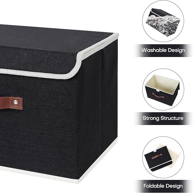ANMINY 4PCS Storage Bin with Lid Storage Boxes with PU Leather Handles PP Plastic Board Decorative Foldable Lidded Cotton Linen Fabric Home Cubes Baskets Closet Organizer Container - Black, Medium