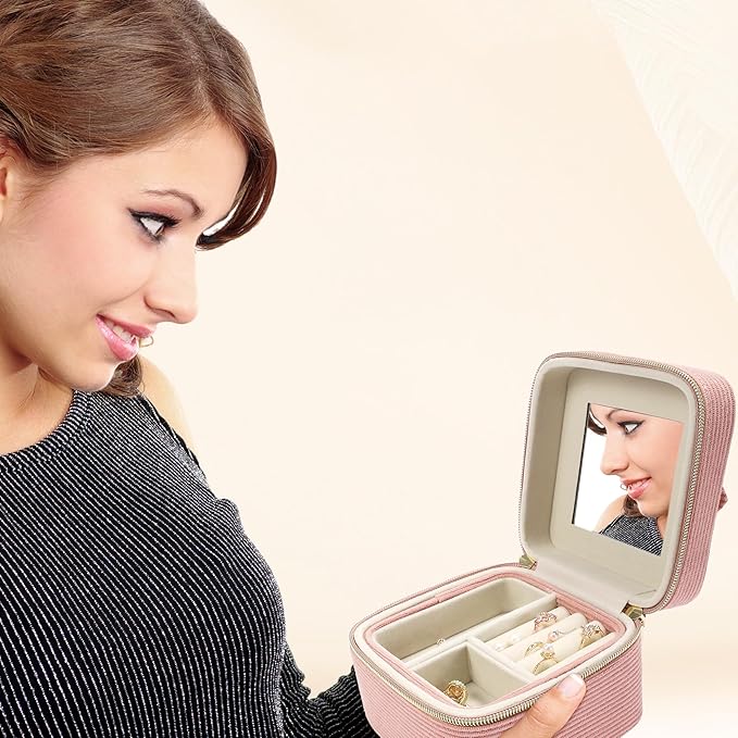 Travel Jewelry Case with Mirror – Small 2-Layer Jewelry Box for Women, Rings and Earrings Necklaces Velvet Organizer Mothers Day Mom Girls Birthday Gifts (Pink)