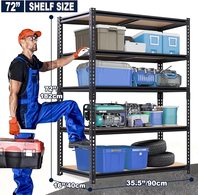 Garage Storage Shelves 72'',Ajustable Garage Shelving Units, Storage Shelves Heavy Duty, Metal Shelving for Basement, Warehouse, Workshop, Pantry, Closet, 2400 LBS, 16" D x 35.5" W x 72" H