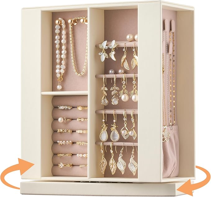 Jewelry Box Organizer for Women: 360 Rotating Vertical Storage Case, Ivory Leather with Pink Velvet, Ring Necklace Bracelet Holder, Gift Decor, 10 x 8.7 x 3.9 in