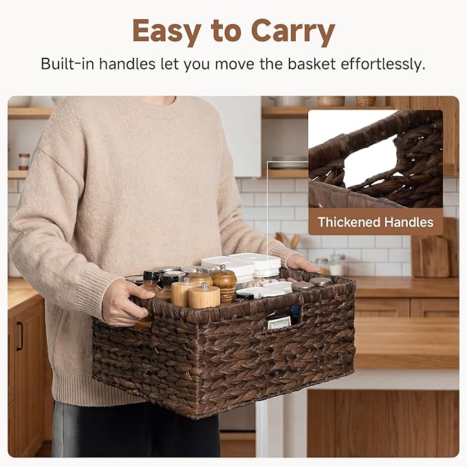 StorageWorks Large Storage Baskets for Shelves, Wicker Shelf Baskets for Organizing, Water Hyacinth Basket with Handles, Decorative Storage Basket for Toy, Pantry Organizers