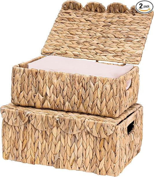 LUSYDECO Set of 2 Scalloped Edge Wicker Basket with Lids, Rectangle Wicker Storage Basket with Built-in Handles, Multipurpose Organizer Rattan Display Boxes for Shelf, Nursery Room