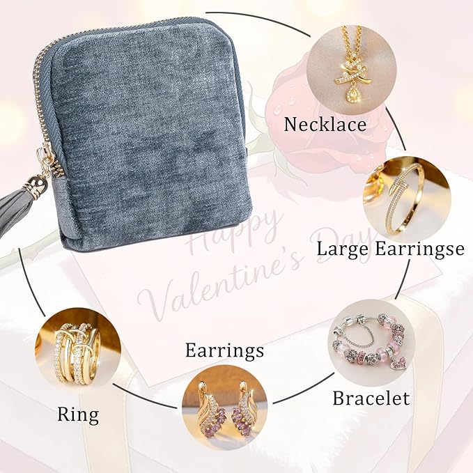 ASINGYER Travel Jewelry Storage Bag for Women, Velvet Portable Jewelry Organizer with Tassel Zipper, Small Pouches for Bracelets Necklaces Rings Earrings, Wedding Gift for Women (Blue)