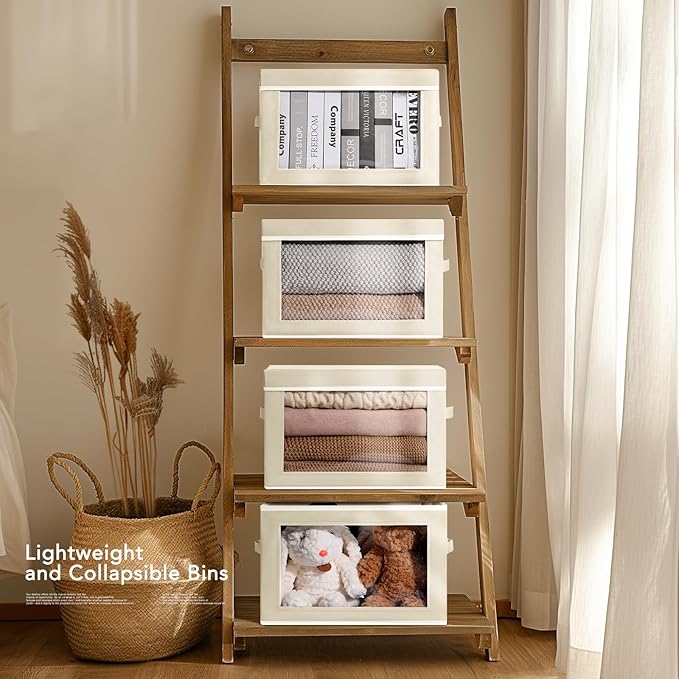 Homsorout Large Storage Baskets Bins with Lids - Stackable Cube Bins for Closet, 3 Pack Beige Windows Organizer Bins, Home Organizers and Storage for Clothes, CD, Towels