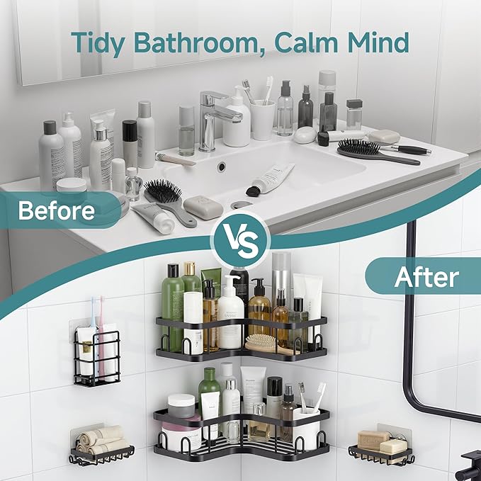 Veken Corner Shower Caddy 5-Pack, Advanced Rustproof Design, No Drilling Adhesive Shelves, Rack with Soap Holder, Bathroom Organizers and Storage, Wall-Mounted Kitchen&Home Decor,Black,Gifts for Mom