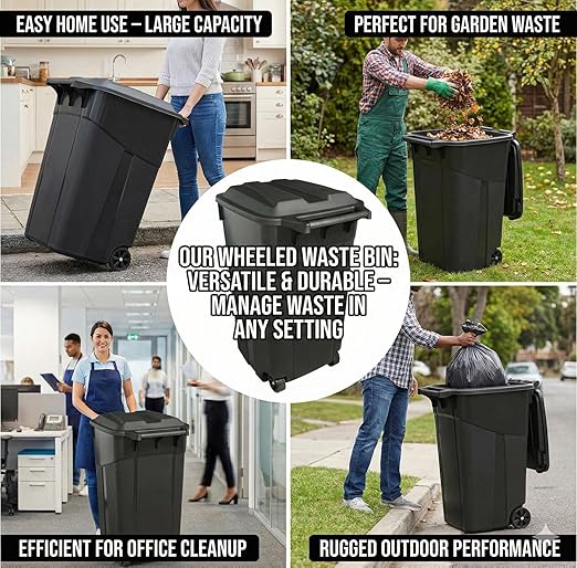 Outdoor Trash Can with Lid & Wheels, 45 Gallon Large Garbage Can for Garage & Patio, Heavy Duty Lockable Lid, Rugged Wheels & Easy Grip Handle (45 Gallon)