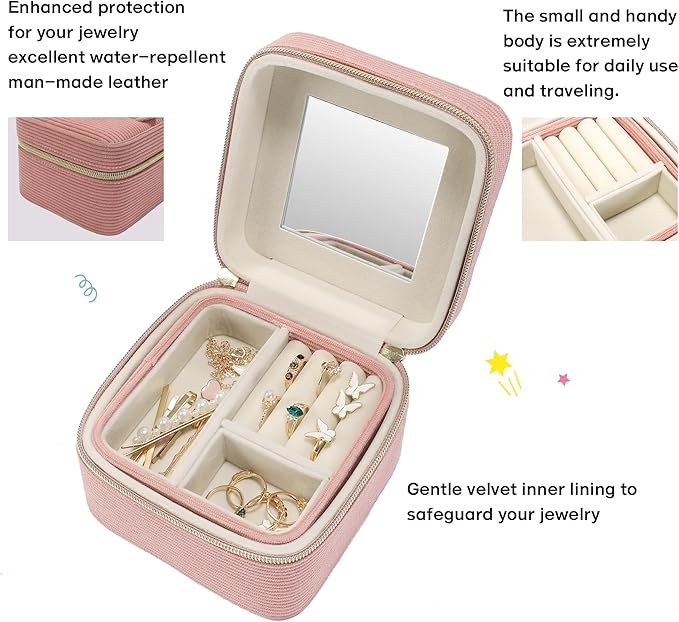 Travel Jewelry Case with Mirror – Small 2-Layer Jewelry Box for Women, Rings and Earrings Necklaces Velvet Organizer Mothers Day Mom Girls Birthday Gifts (Pink)