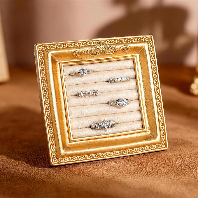 Vintage Ring Holder Rectangle Gold Velvet Display Stand - Baroque Jewelry Organizer Box Tray for Wedding Engagement Anniversary Women Birthday Christmas Gift Photograph Prop (MPF05-Gold Beige)
