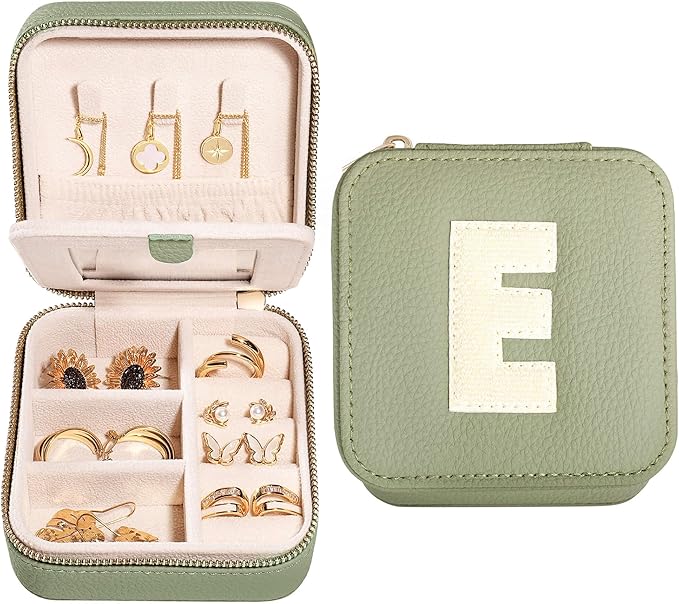 S.Leaf Initial Travel Jewelry Case - Portable Jewelry Box for Women - Gift Box - Organizer Box - Letter E