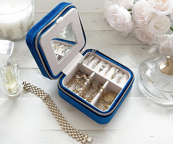 BLUTETE Travel Jewelry Box Organizer Velvet Travel Case With Mirror Ring Earrings Necklaces Storage Organizer Box (Midnight Blue)