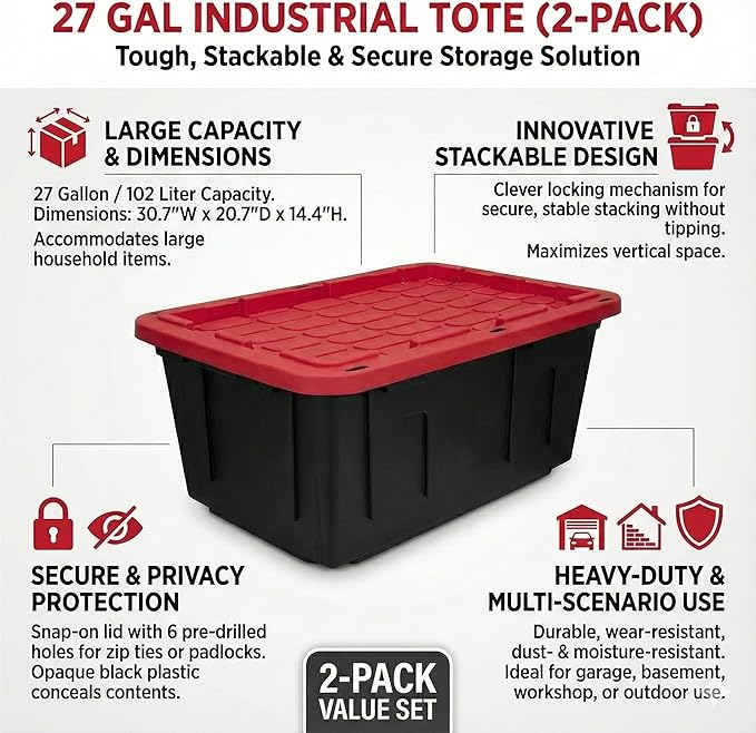 27 Gal Industrial Tote,2 Pack Plastic Storage Bins with Lids Tough Large Storage Bin,Black with Red Lid Plastic Storage,Stackable & Nestable for Garage, Basement, or Outdoor (2 Pack)
