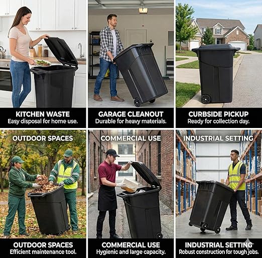 Outdoor Trash Can with Lid & Wheels, 32 Gallon Large Garbage Can for Garage & Patio, Heavy Duty Lockable Lid, Rugged Wheels & Easy Grip Handle