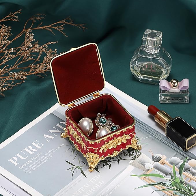 Hipiwe Vintage Metal Jewelry Box - Small Trinket Organizer Ring Box Case with Rose Pattern Jewelry Storage Box for Ring Earrings Necklace, Keepsake Box for Women,Red