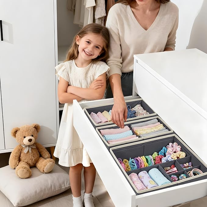 DECOMOMO Drawer Organizer for Baby – 12 Pack Clothes Organizer & Storage Dividers for Nursery, Storage Bins for Underwear, Bra, Socks, Diapers & Newborn Essentials (Grey)
