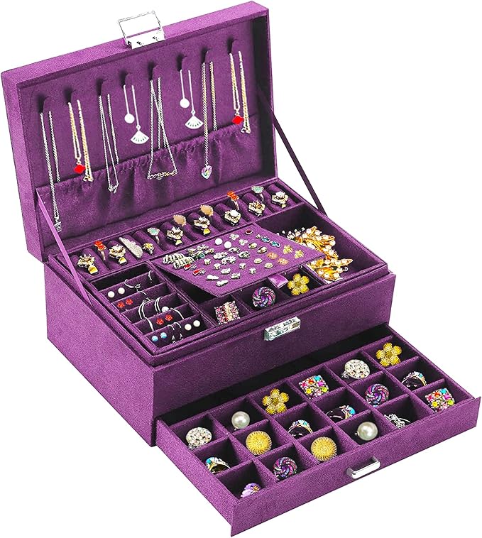 QBestry 3-Layer Jewelry Box for Women with Lock and Key & Drawer, Large Jewelry Organizer with 8 Necklace Hooks & 56 Earring Holes, Purple Velvet Jewelry Storage Box for Necklace Earring Ring Bracelet
