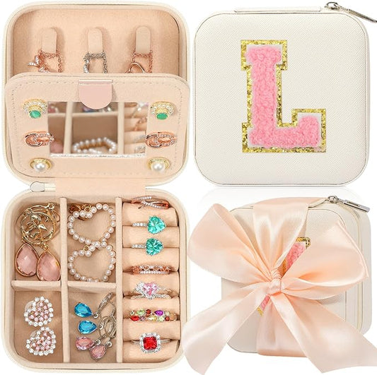 CHMI Travel Jewelry Case, White Travel Jewelry Box, Travel Jewelry Organizer, Travel Gifts for Women Girls, Jewelry Organizer Box, Birthday Gifts for Women, Christmas Gifts for Teens Girls - Initial L