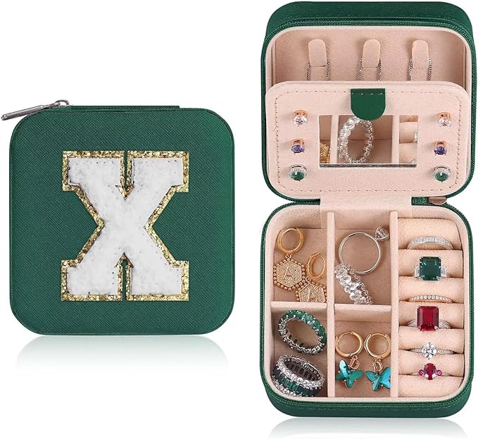 ETHOON Jewelry Travel Case Small Organizer Stocking Box Personalized Gifts Teenage Jewelry Accessories Holiday Christmas Gift for Women Green, Letter X