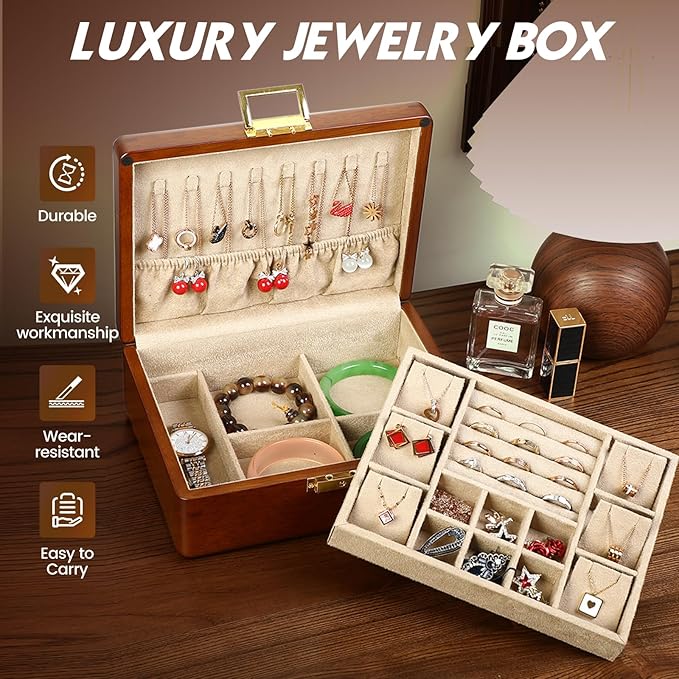 Wooden Jewelry Box with Lock, Double Layer Solid Walnut Wood Jewelry Organizer with Key Velvet Lining for Earrings Rings Necklaces Bracelets Cufflink Pendants Gift Idea Men Women