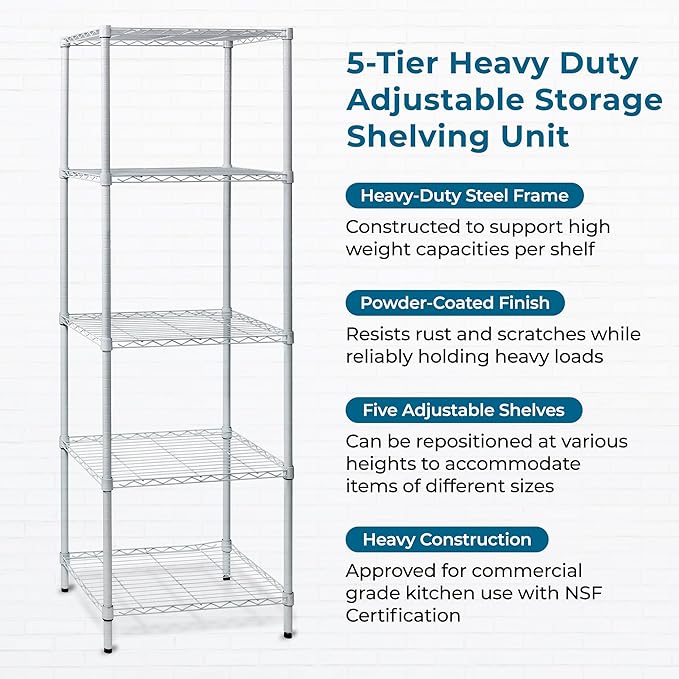 Honey-Can-Do 5-Tier Heavy Duty Adjustable Shelving Unit, 250-lb Per Shelf NSF Certified Metal Storage Rack, White Wire Shelf for Laundry Kitchen Pantry, 24 x 18 x 72 in