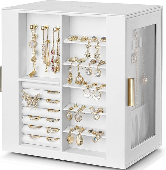 VLANDO 360° Rotating Jewelry Box with 5 Drawers, Large Jewelry Storage with 2 Glass Window, PU Leather Jewelry Organizer for Bracelets, Necklaces, Earrings, Rings - White