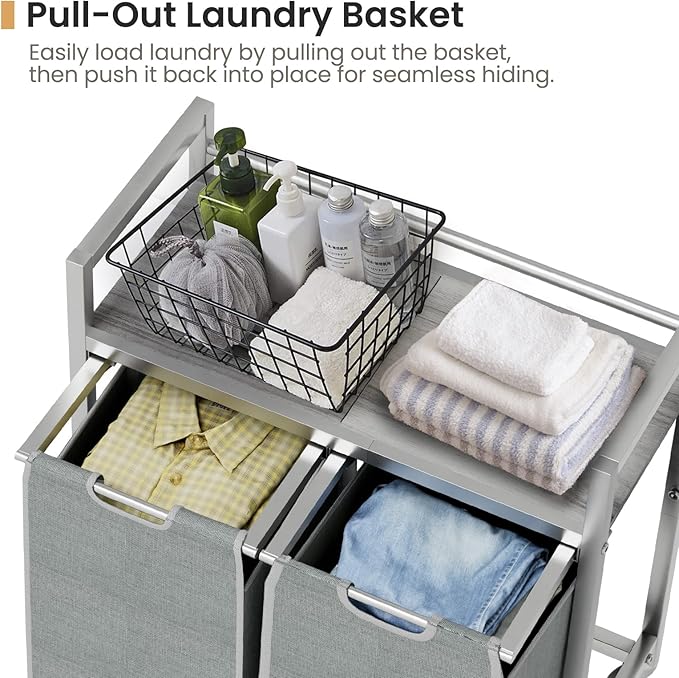 SwaaVee Laundry Hamper, Laundry Basket, Laundry Sorter with 3 Removable Bags, Clothes Basket with 3 Compartments, Wheels, Shelf for Laundry Room Bathroom Bedroom (2 Bags-Gray)
