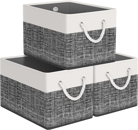 StorageTastic Storage Bin,Collapsible Storage Basket For Organizing,Large Storage Boxes With Rope Handles,Storage Containers,White & Black,3 Pack