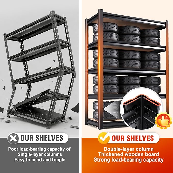 71.2"H Storage Shelves, 5 Tier Adjustable Wood Garage Shelving, Utility Tall Metal Shelving Unit, Easy to install Standing Garage Storage for Warehouse,Bedroom,Basement,31.5"W X 13.8"D X 71.2"H