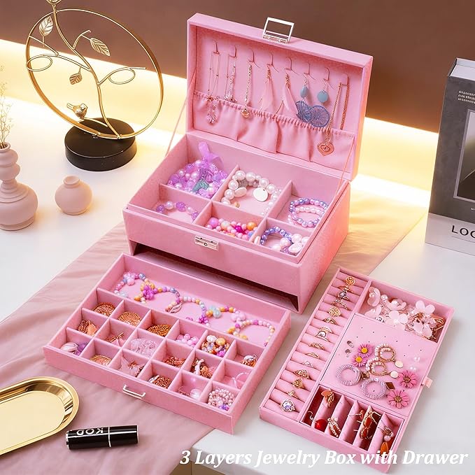 QBestry 3-Layer Jewelry Box for Girls & Teens with Lock and Key, Large Jewelry Organizer with 8 Necklace Hooks & 56 Earring Holes, Pink Velvet Jewelry Storage Box for Necklaces Earrings Rings Bracelet