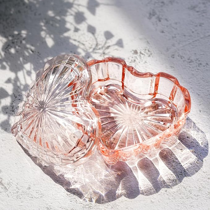 kanpura Glass Heart Shaped Jewelry Box Candy Dish with Lid Ring Earring Trinket Storage Box Vintage Jewelry Organizer Decorative Jar Christmas Gift for Women Girls(Pink)
