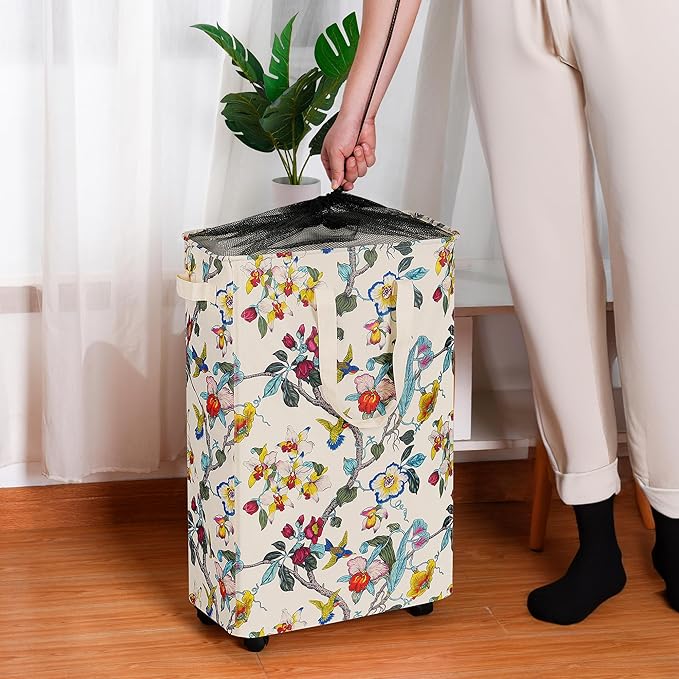 efluky Slim Laundry Hamper with Wheels, Rolling Laundry Basket for Clothes, Small Laundry Basket for Bedroom, Dorm and Laundry Room, 75L (19.8 Gallons) Floral