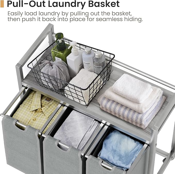 SwaaVee Laundry Hamper, Laundry Basket, Laundry Sorter with 3 Removable Bags, Clothes Basket with 3 Compartments, Wheels, Shelf for Laundry Room Bathroom Bedroom (3 Bags-Gray)