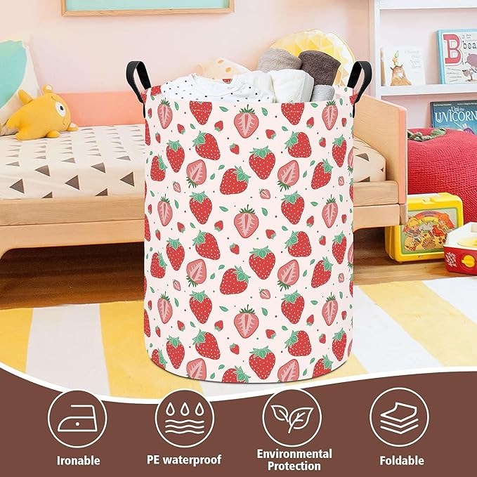 Laundry Hamper Large Canvas Fabric Lightweight Storage Basket/Toy Organizer/Dirty Clothes Collapsible Waterproof for College Dorms, Boys and Girls Bedroom,Bathroom(strawberry)