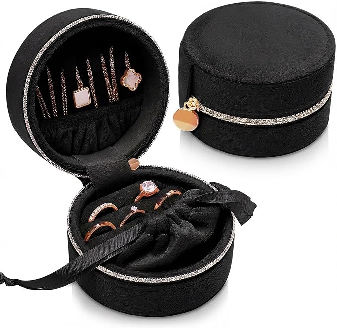CONBOLA Travel Jewelry Case Small Jewelry Box for Women Girls,Round Velvet Mini Jewelry Travel Organizer,Portable Jewelry Box for Rings Earrings Necklaces Bracelets.(Black,Small)