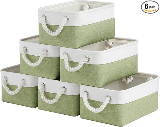 Storage Baskets for Shelves 11.8x7.9x5.2 Inch, Foldable Fabric Storage Bins with Handles, Small Storage Baskets for Organizing Closet, Office, Home Organization (6-Pack, White&Green)