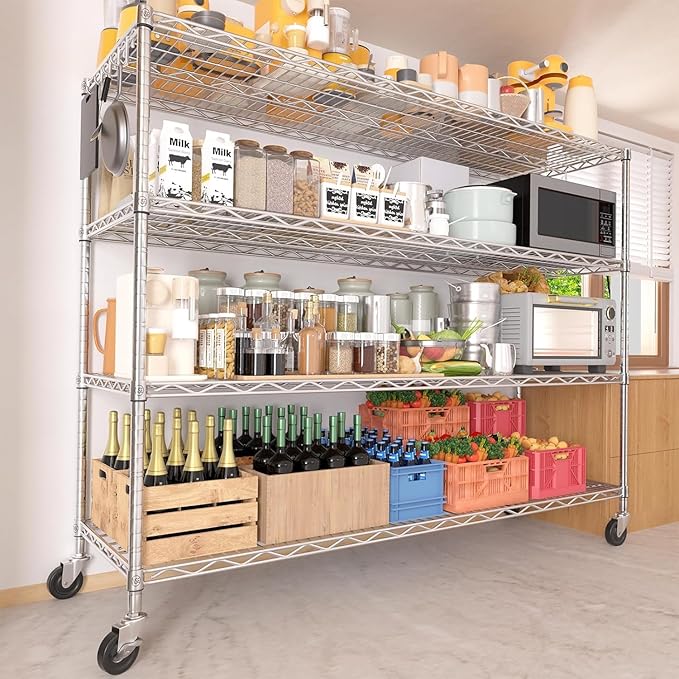 PrimeZone 4 Tier 55.5" Wx24 Dx76 H Wire Shelving with Wheels 2400lbs NSF Certified Storage Shelves Heavy Duty Metal Shelf Adjustable Rolling Rack Commercial Garage Restaurant Warehouse Chrome 2Pack