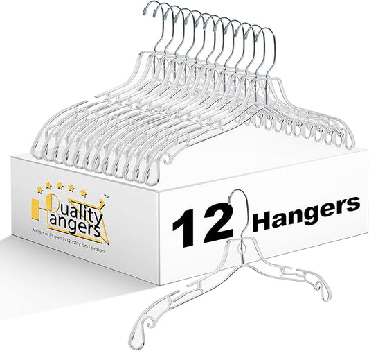 Quality Clear Hangers 12 Pack - Crystal Hangers for Clothes - Durable Plastic Hanger Set - Invisible Dress for Suits - Heavy Duty - Nonslip Coat and Shirt