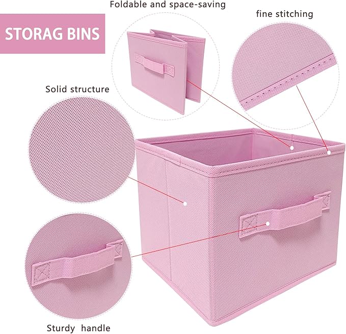 EBIGIC Collapsible fabric Storage bins,cube storage organizer 10.5 * 10.5 * 11 inch,For home and office Collapsible Closet Shelf Organizers, Drawer Organizers(Pink)