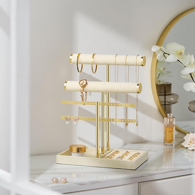 bussdis 3 Tier Bracelet Holder Display - Detachable T Bar Beige Velvet Bracelet Holder, Jewelry Holder Organizer for Bracelet, Necklace, Earrings, Rings