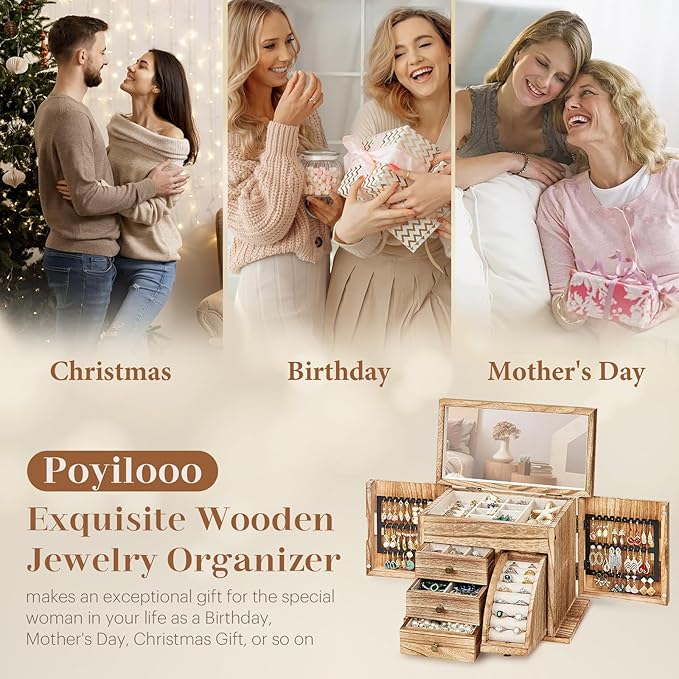 Poyilooo Jewelry Box Organizer, Solid Wood Jewelry Boxes fow Women with Mirror, Double Layer Jewelry Organizer Box Display Earring Necklace Bracelet Ring, Rustic Style Small Jewelry Box for Girls