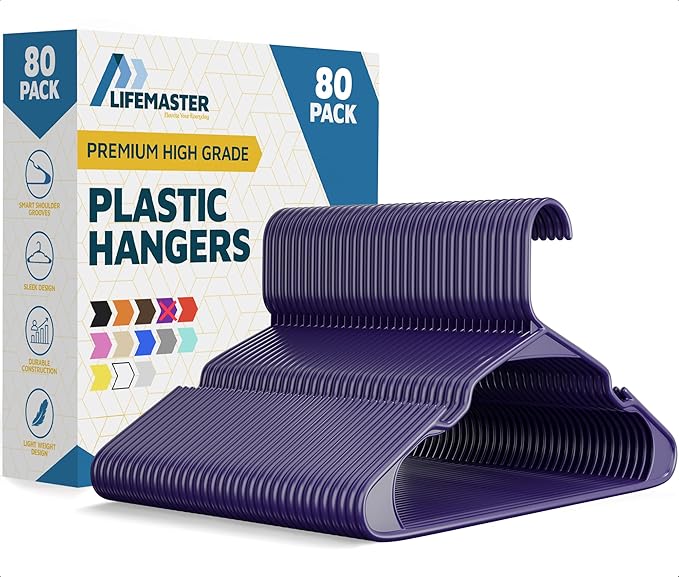 Lifemaster Plastic Clothes Hangers – Heavy Duty Hanger Set, for Organizing Clothes, Dresses, and Coat, Holds Up to 5 lbs, Space-Saving Hangers with Non-Slip Shoulder Grooves, Pack of 80, Purple