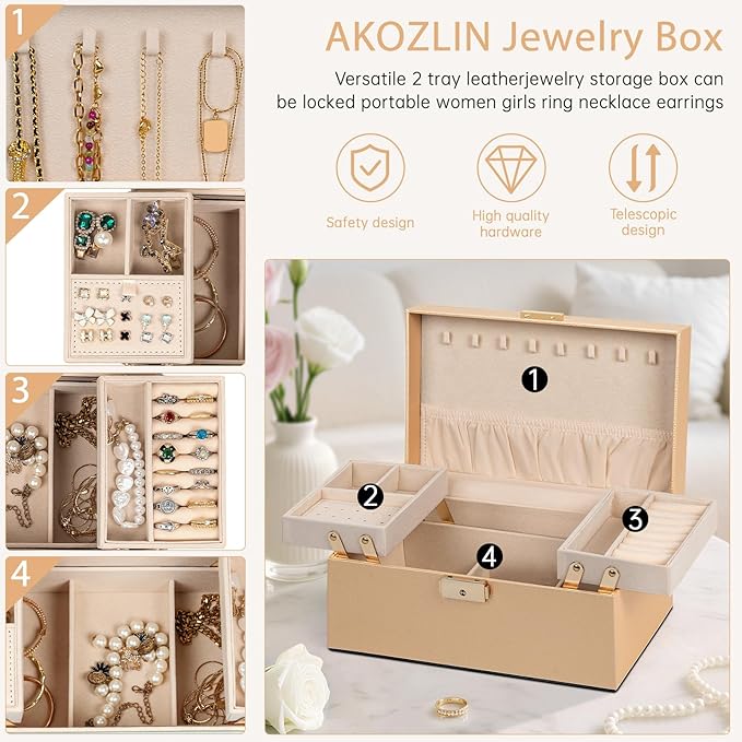 AKOZLIN Travel Jewelry Box Organizer Functional 2-trays Leather Jewelry Storage Case with Lockable Portable for Women Girls Ring Necklace Earring Bracelet Champagne