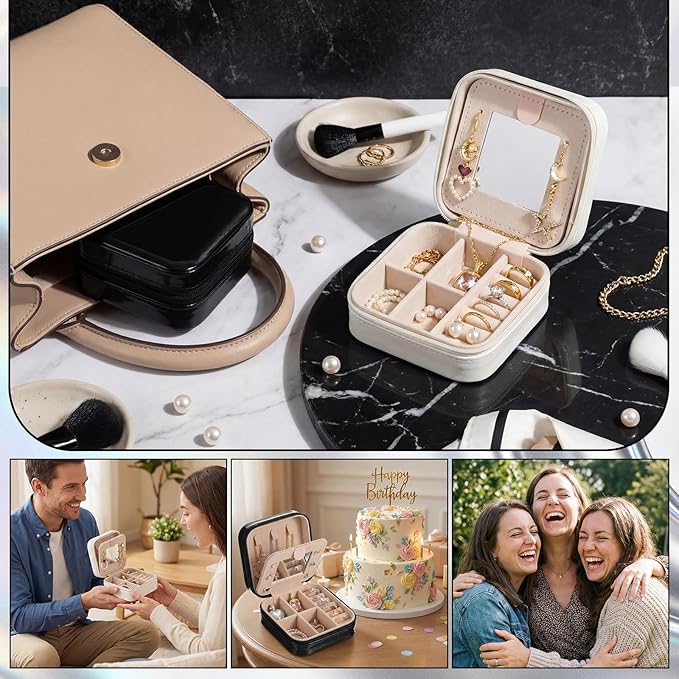 Nosiny 2 Pack Travel Jewelry Case with Mirror Small Laser Jewelry Box Organizer Gifts for Mother's Day Women Rings Earrings(White and Black)