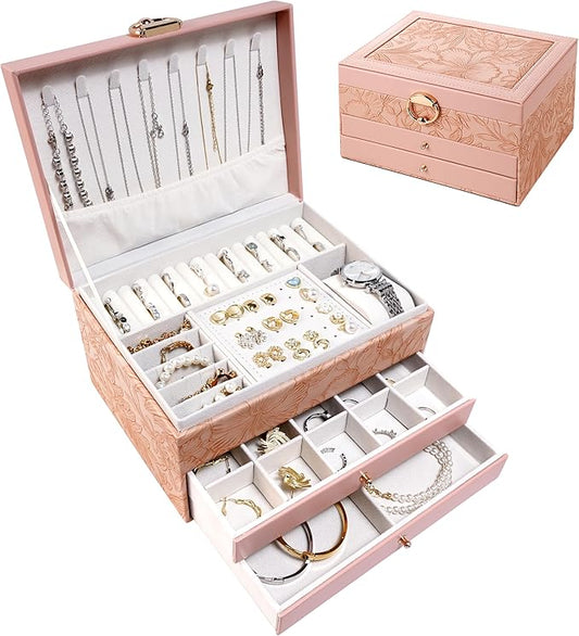 TOFUNTOY Jewelry Organizer Box, Large Jewelry Boxes for Women, 3-Layer Jewelry Holder Organizer for Necklace Earrings Rings Bracelets Storage, Gift for Her Mom